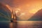 Sailboat in the sea in the evening sunlight over beautiful big mountains background. Generative AI