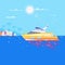 Sailboat in the sea and seagulls around.Luxury travel seaway ocean transport yacht. Flat vector illustration
