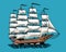 Sailboat in the sea, summer adventure, active vacation. Seagoing vessel, marine ship or nautical caravel on blue