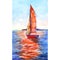 Sailboat at sea on sunny day, orange highlights in water, blue skies. Bright  watercolor illustration.
