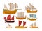 Sailboat set with sea vessel and ocean ship side