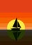 A sailboat and two passengers are seen in front of a colorful graphic sunset design