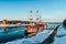 Sailboat on the Volkhov River. Winter view of a frozen river. Veliky Novgorod.