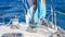 Sailboat winch and rope closeup. Sailboat equipment and technology solutions on yacht