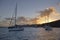 Sailboats at anchor at sunset, Marina Cay, BVI