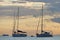 Sailboats in the bay of Cape Sounio where the temple of Poseidon is located