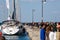 The sailboats are docked in the rive pier during 53Â° Barcolana regatta in the Trieste sea