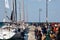 The sailboats are docked in the rive pier during 53Â° Barcolana regatta in the Trieste sea