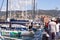 The sailboats are docked in the rive pier during 53Â° Barcolana regatta in the Trieste sea