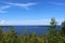 Sailboats and islands on Lake Michigan viewed from Eagle Panorama viewpoint in Peninsula State Park in Door County, Wisconsin