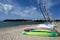 Sailboats, kayaks and surfboards on Trez beach in Benodet