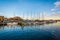 Sailboats in a marina at sunset, in Annapolis, Maryland.