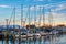 Sailboats in a marina at sunset, in Annapolis, Maryland.