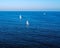Sailboats are peacefully gliding on a tranquil, clear blue ocean under a bright sunny day