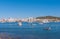 Sailboats & pleasure craft moored. Morning in the harbor of Sant Antoni de Portmany, Ibiza town, Balearic Islands, Spain.