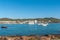 Sailboats & pleasure craft moored. Morning in the harbor of Sant Antoni de Portmany, Ibiza town, Balearic Islands, Spain.