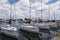 Sailboats in a row in the marina in Gdynia