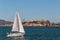 Sailboats sail in the bay near Alcatraz Island
