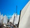 Sailboats school with sail textures in blue sky