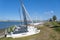 Sailboats at the shore of the Burger Binnensee in Wulfen