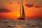 Sailboats silhouette against a fiery sunset over a serene waterway