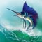 Sailfish fish on white. Striped big marlin. Sports fishing in the open sea