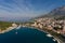 Sailing on adriatic sea Makarska Korcula Croatia Aerial Drone Photo. Yacht in marina, sailing in Croatia.