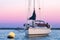 Sailing boat anchored with dramatic sunset and dog on deck