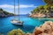 Sailing boat in Calanques, Costa Brava, Catalonia, Spain, Beautiful beach with sailing boat yacht, Cala Macarelleta, Menorca