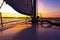 Sailing boat on a calm lake with reflection in the water. Serene scene landscape. Vertical photograph