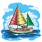 Sailing boat colored vector sketch with clouds