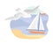 Sailing Boat Floating in Sea with Flying Seagull Vector Illustration