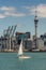 Sailing boat in front of Auckland skyline.