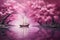 Sailing boat in the lake with a pink tree on the background, a yacht with cherry tree sails in a deep purple pond surrealist post