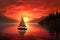 Sailing boat on the lake at sunset. 3D illustration, A couple sailing on a peaceful lake as the sun sets