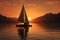 Sailing boat in the lake at sunset. 3D render, A couple sailing on a peaceful lake as the sun sets