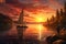 Sailing boat on the lake at sunset. 3d render, A couple sailing on a peaceful lake as the sun sets, AI Generated