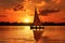 Sailing boat on the lake at sunset. Beautiful summer landscape, A couple sailing on a peaceful lake as the sun sets