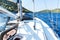 Sailing boat near Croatian island Lastovo. View from the deck of the yacht. Vacation on a boat. Sailing on the sea