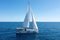 Sailing boat with open white sails, blue sky and rippled sea background