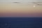 Sailing boat on the sea by moon shining in purplish sky at dusk, aerial view