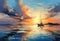 Sailing boat in the sea at sunset. Illustration. Digital painting