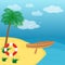 Sailing boat, ship, rowboat with wooden paddle and buoy in the s