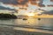 Sailing boat during sunset on the public beach of Albion,Mauritius.