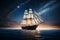 A sailing boat under the dark blue sky decorated in the dark of night. Ai Generated