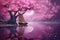 Sailing boat in the water with beautiful pink cherry blossom tree, a yacht with cherry tree sails in a deep purple pond surrealist