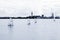 Sailing boat yacht or sailboat group regatta race on sea or ocean water. Panoramic view.