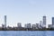 Sailing boats on a Charles River with view of Boston skyscrapers