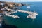 Sailing boats at Loutra marina, Kythnos island, Greece. Aerial drone view