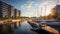 Sailing Boats at Marina: A Captivating Sunset Scene with Architectural Beauty